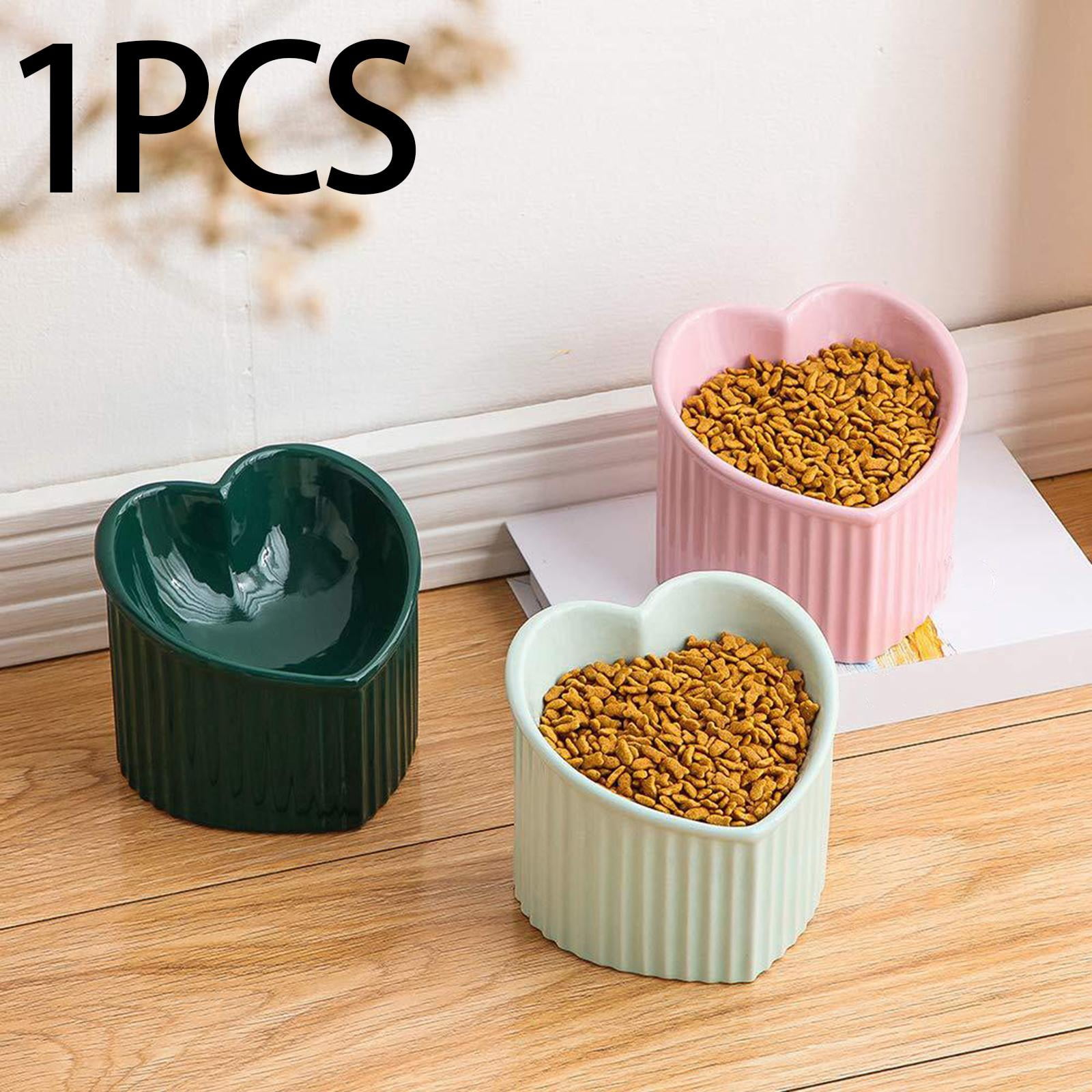 Ceramic Tilted Elevated Cat Bowl Heart Shape Porcelain Easily Wash Food Green