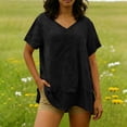 thumbnail image 2 of TaTaai Casual Linen Cotton Women Top Double Layer Solid Color Crew Neck Short Sleeve Loose Fit Breathable Soft Daily Lounge Street Summer Wear Blouse Gift, 2 of 9