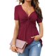 thumbnail image 1 of Tankaneo Blusa con cuello en V anudada en la parte delantera para mujer, camiseta de manga corta, túnica de gran tamaño, camisetas de verano sólidas, 1 of 1