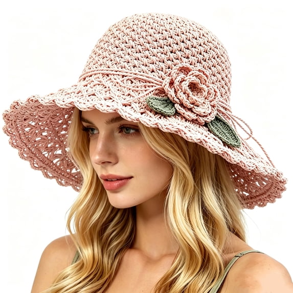 Straw Hats for Women Straw Weaving With Flowers Sun Hat Foldable Breathable Stylish Travel Beach Hats for UV Protection Pink