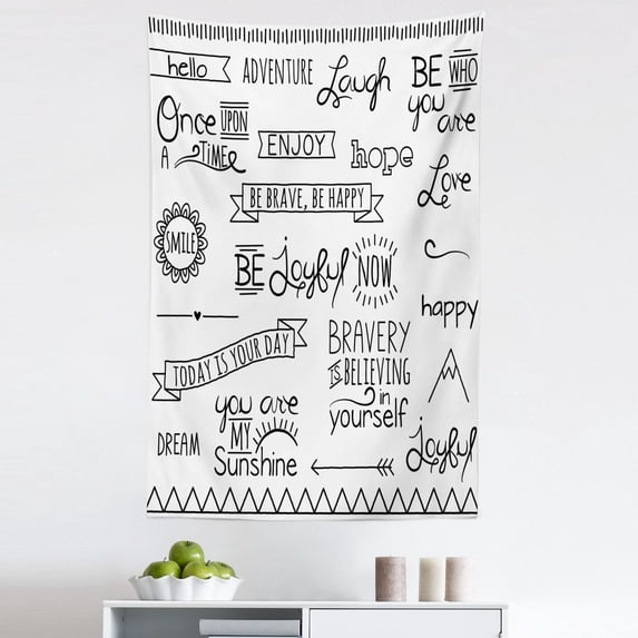Adventure Tapestry, Various Words on Happiness and Self Value Uplifting Phrases Being Who You Are, Fabric Wall Hanging Decor for Bedroom Living Room Dorm, 5 Sizes, White Black, by Ambesonne
