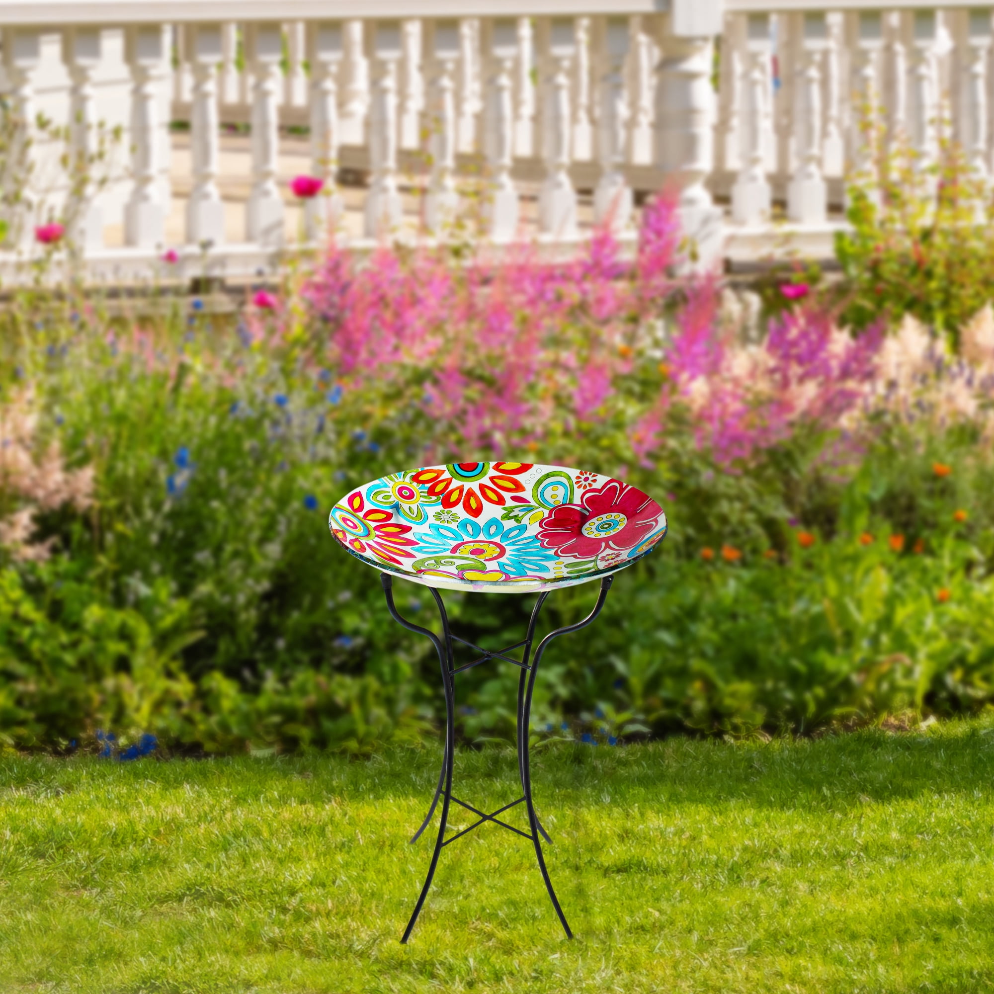 Northlight 18" Pastel Pink and Blue Flowers Hand Painted Glass Outdoor Patio Bird Bath
