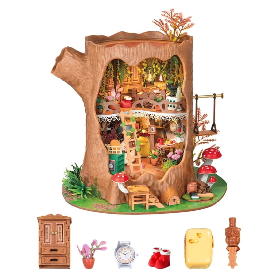 Robotime DIY Miniature House Kit,Fairytale Tree Wooden Dollhouse Home Decor,Tiny House Craft Kits Building Set,Xmas Gifts for Teens Adults