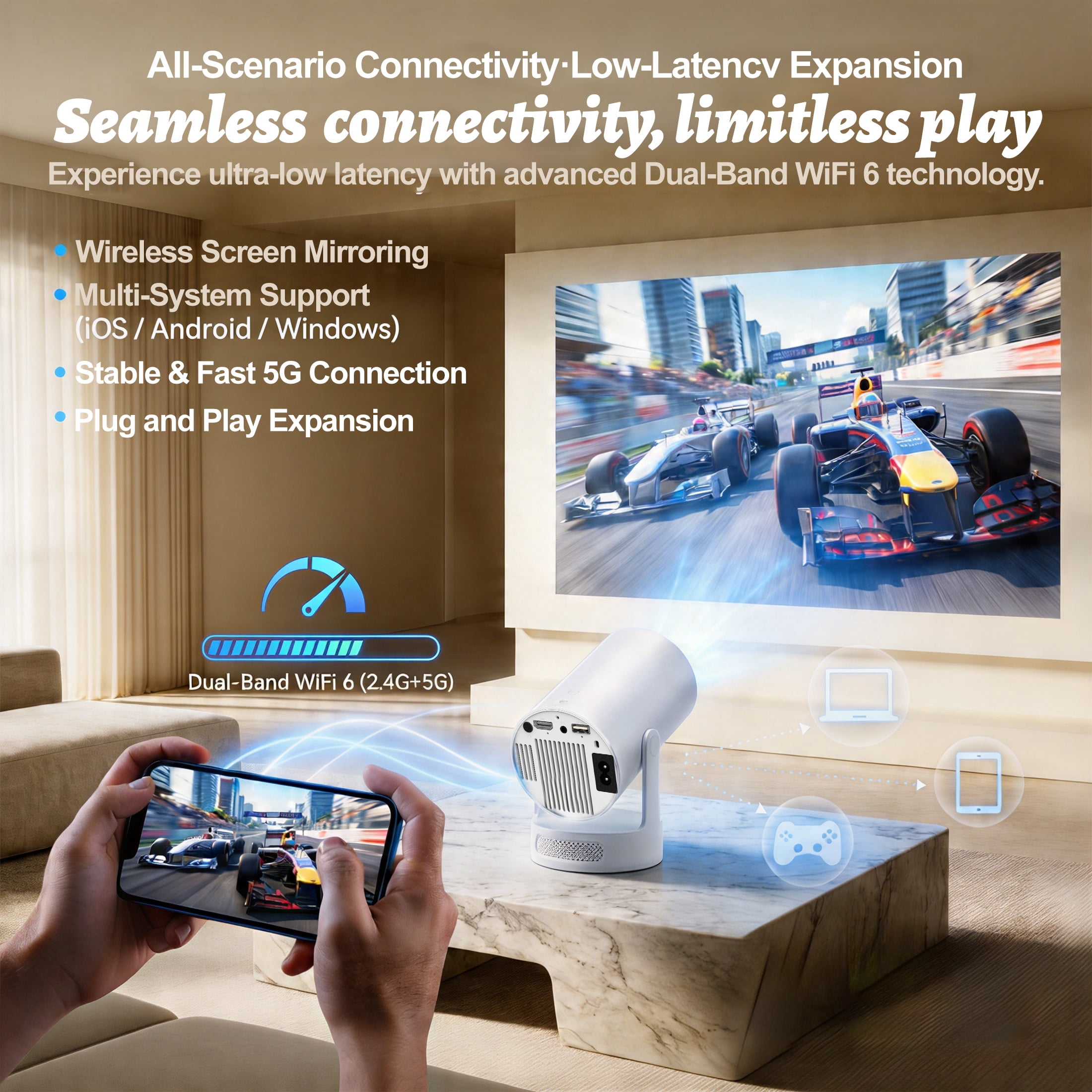 BDQ Mini Projector with WiFi & Bluetooth, 1080P Support (4K Input), Portable Smart Movie Projector for Bedroom & Outdoor, Small TV Projector for iPhone