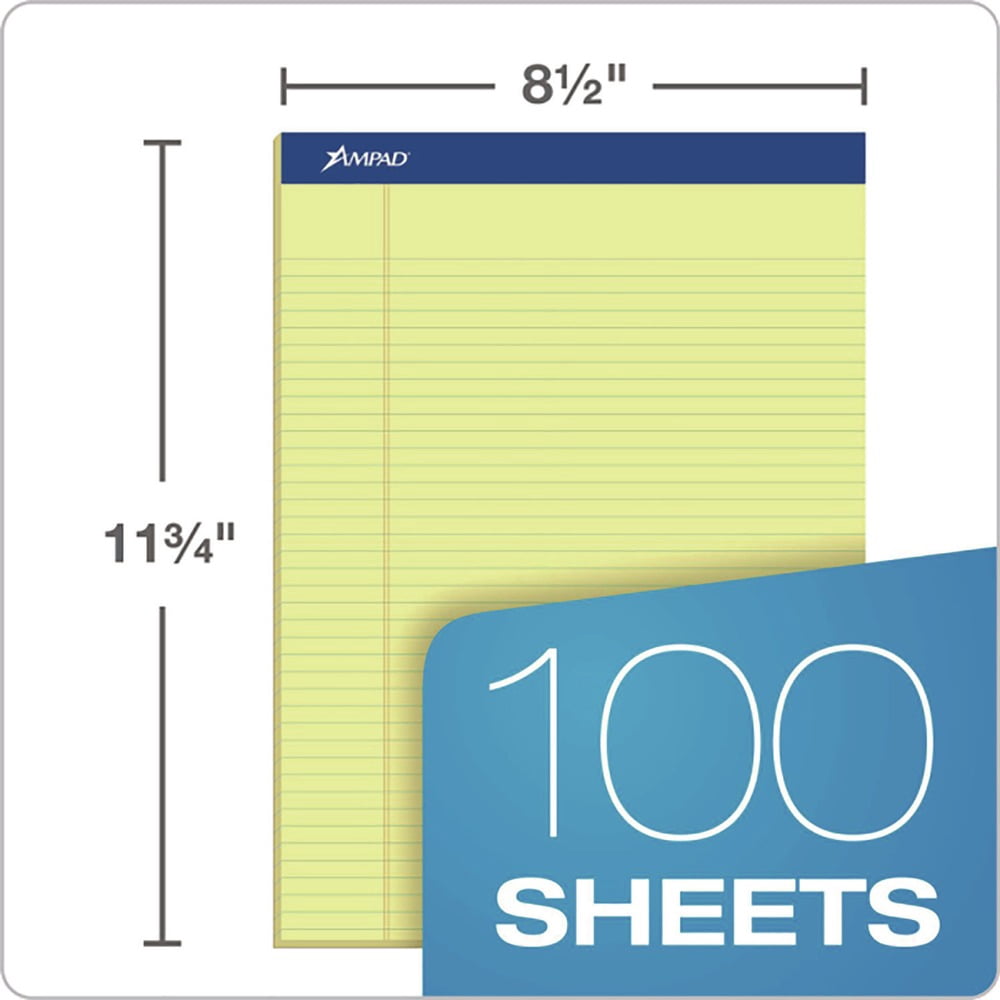 Ampad Perforated Writing Pads, Narrow Rule, 8.5 x 11.75, Canary, 50 Sheets, Dozen (20222)