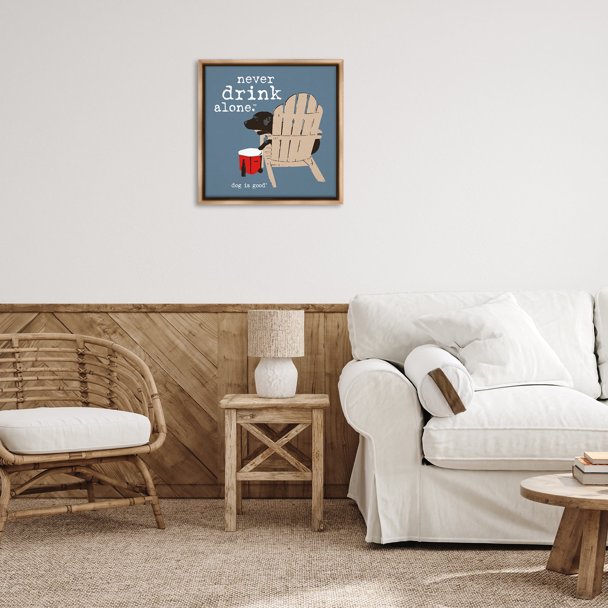 Stupell Industries Never Drink Alone Phrase Animals Painting Brown Floater Framed Canvas Art Print Wall Art, 25 x 25