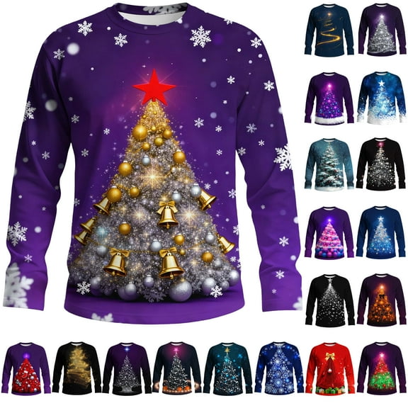 Feancey Christmas Long Sleeve Tee Shirts for Men Big and Tall Fashion Xmas Tree Print Crewneck Pullover Holiday Casual Loose Tshirts Purple M