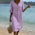 thumbnail image 4 of Smsaxvxz Women's Summer Dresses Fashion Solid Button V-neck Ruffle Short Sleeve Casual Loose Beach Vacation Midi Dress Purple 2XL, 4 of 9
