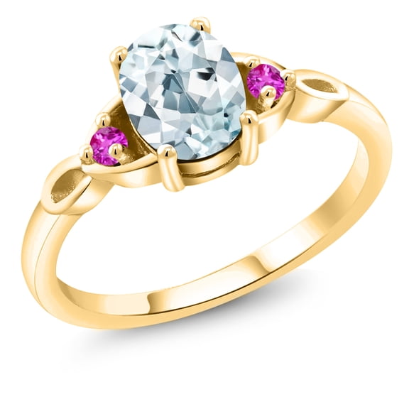 Gem Stone King 18K Yellow Gold Plated Silver Sky Blue Aquamarine and Pink Sapphire 3-Stone Rings for Women (1.30 Cttw, Gemstone March Birthstone, Oval 8X6MM, Size 5)