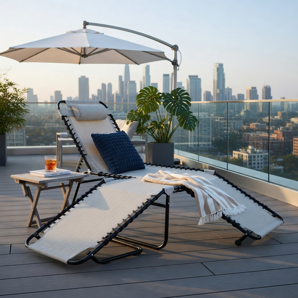 Hommoo Foldable Steel Beach Lounge Chair with Adjustable Backrest & Comfort Pillow, Weather-Resistant Patio Chaise for Outdoor and Indoor Use, Gray