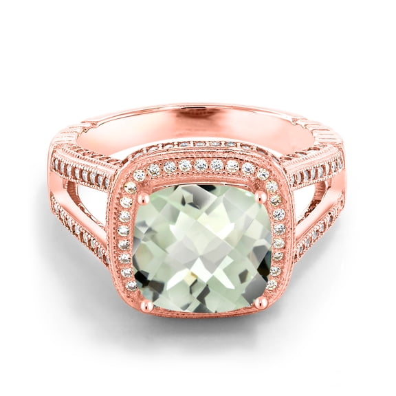 Gem Stone King 5.62 Ct Cushion Checkerboard Green Prasiolite 18K Rose Gold Plated Silver Ring (Size 7)