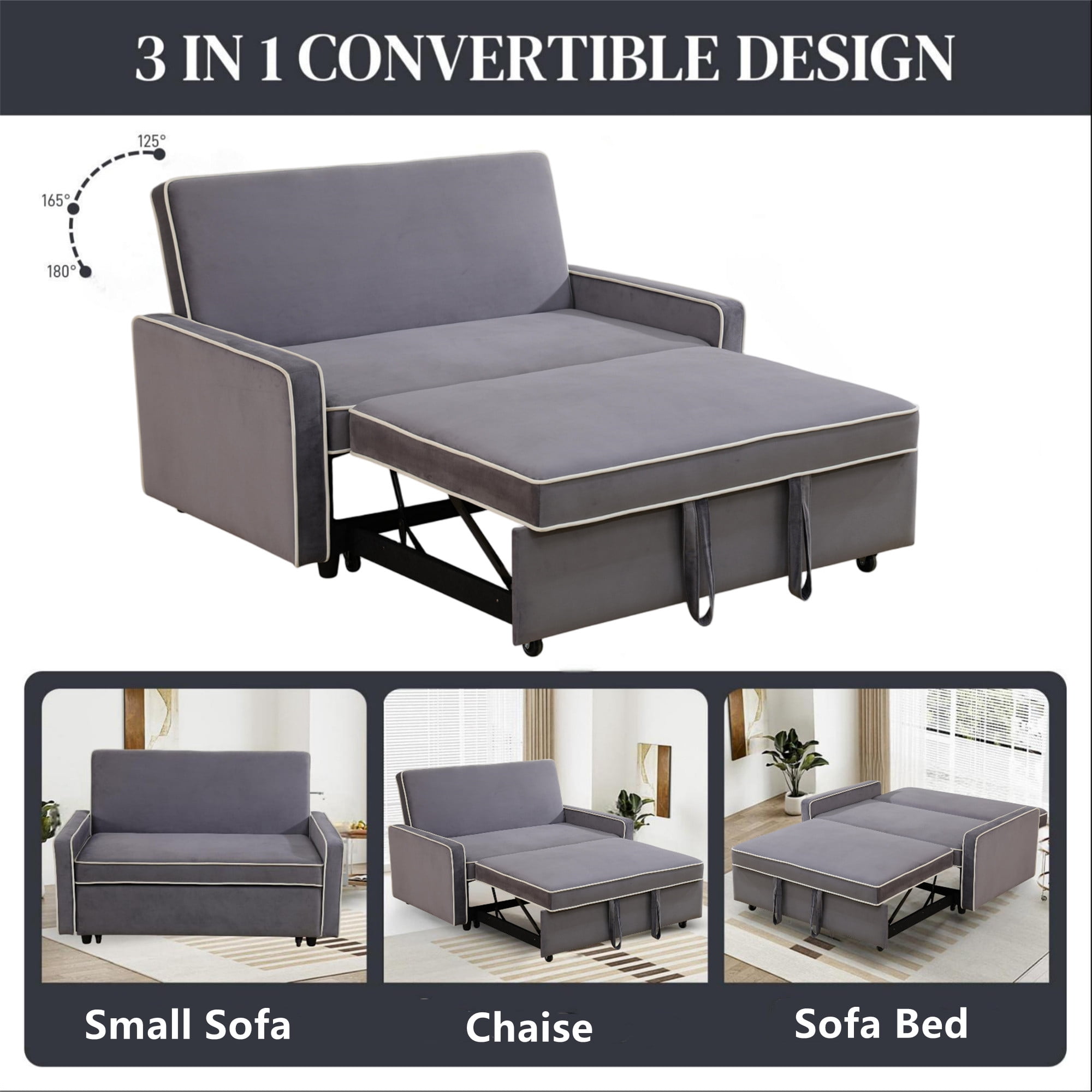 Aukfa 53" Chaise Futon Convertible Sofa Bed Loveseat Sleeper, Full Size, Flannel, Gray