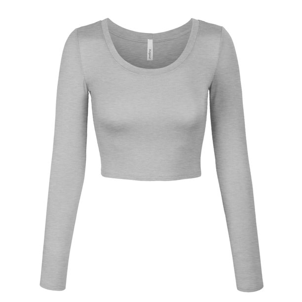 KOGMO Womens Long Sleeve Crop Top Solid Round Neck T Shirt - Walmart.com