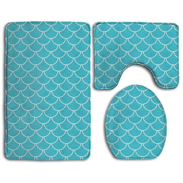 PUDMAD Teal Blue Mermaid Scales 3 Piece Bathroom Rugs Set Bath Rug