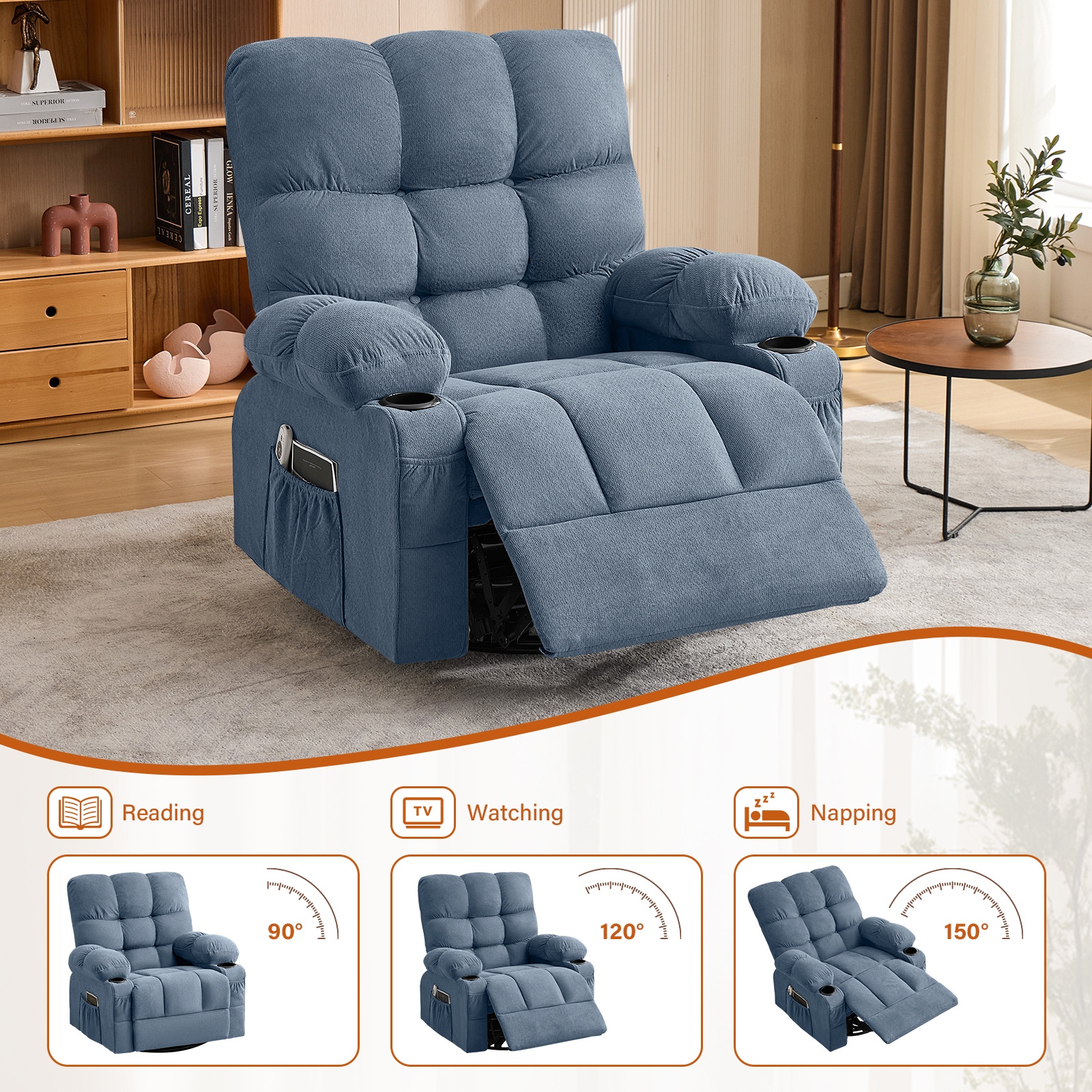 Alvantor Swivel Rocker Recliner Chair with Massage & Heat Single Rocker Sofa with Cup Holders for Bedroom Home Theater Blue