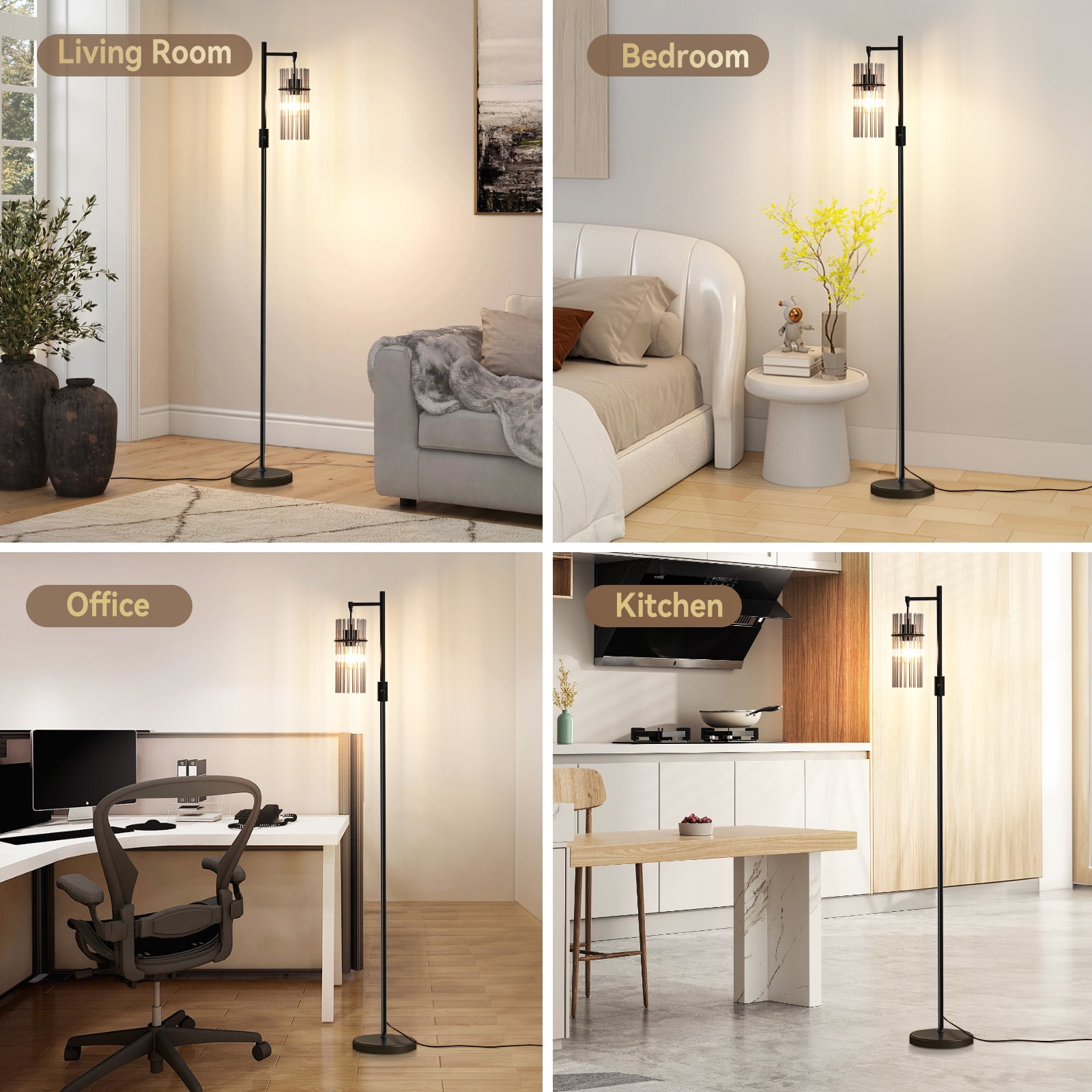 Industrial Floor Lamps for Living Room, Dimmable Floor Lamp Modern Standing Lamps with Glass Lampshade, Rotary Switch, LED Bulbs, Tall Lamps for Bedroom, Office (1 Lampshade