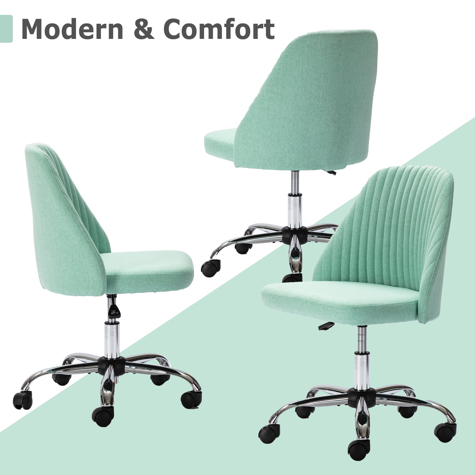 edx Vanity Chair, Armless Desk Chair with Wheels, Adjustable Swivel Fabric Makeup Chair, Comfortable Home Office Task Computer Chair, Green