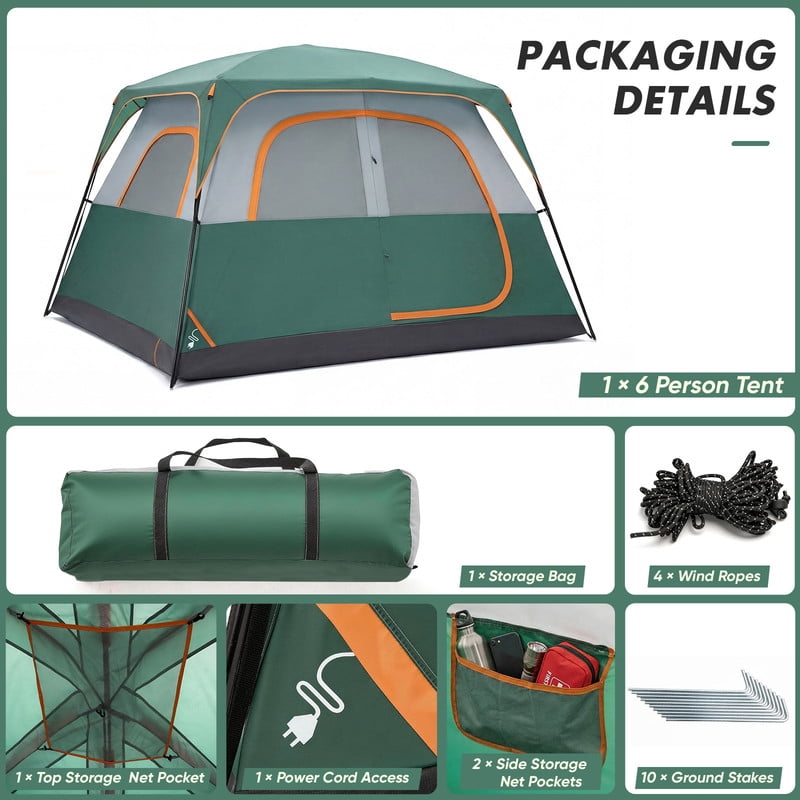 Gianna 6 Person Waterproof & Windproof Family Camping Tent with Large Interior, Easy Setup Cabin Tent with Mesh Windows & Skylights, Portable Outdoor Tent for Camping, Green