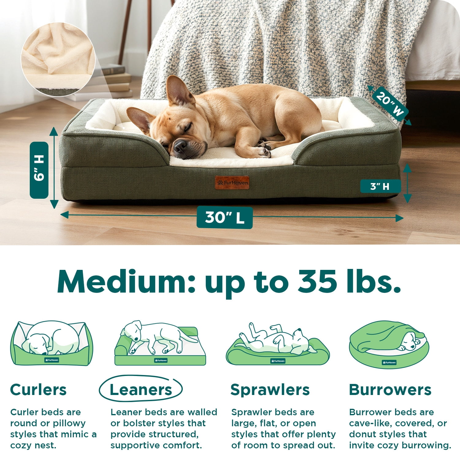 Furhaven Pet Products Medium Nest-Top Perfect Comfort Sofa Orthopedic Ped Bed, 30"x20", Green