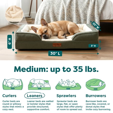 FURHAVEN PET PRODUCTS MEDIUM NEST-TOP PERFECT COMFORT SOFA ORTHOPEDIC PED BED, 30″X20″, GREEN