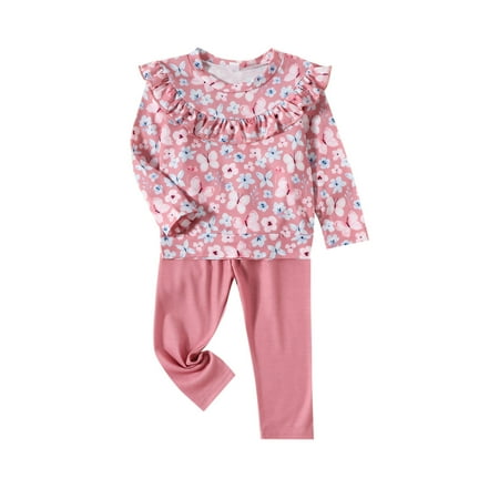 

OAUP Infant Toddler Girls Outfit Sets Long Sleeve Ruffles Floral Print T Shirt Pullover Tops Pants Outfits Fall Casual Trendy Outfit 6M-3Y