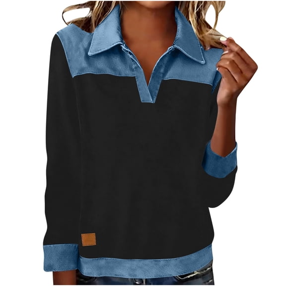 SELONE Collared Sweatshirts for Older Women Denim Patchwork Tops Long Sleeved Casual Shirt Color Block Pullover Black L