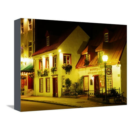 Historic Restaurant at Night, Quebec City, Canada Stretched Canvas Print Wall Art By Wayne (Best Restaurants In Quebec City Canada)