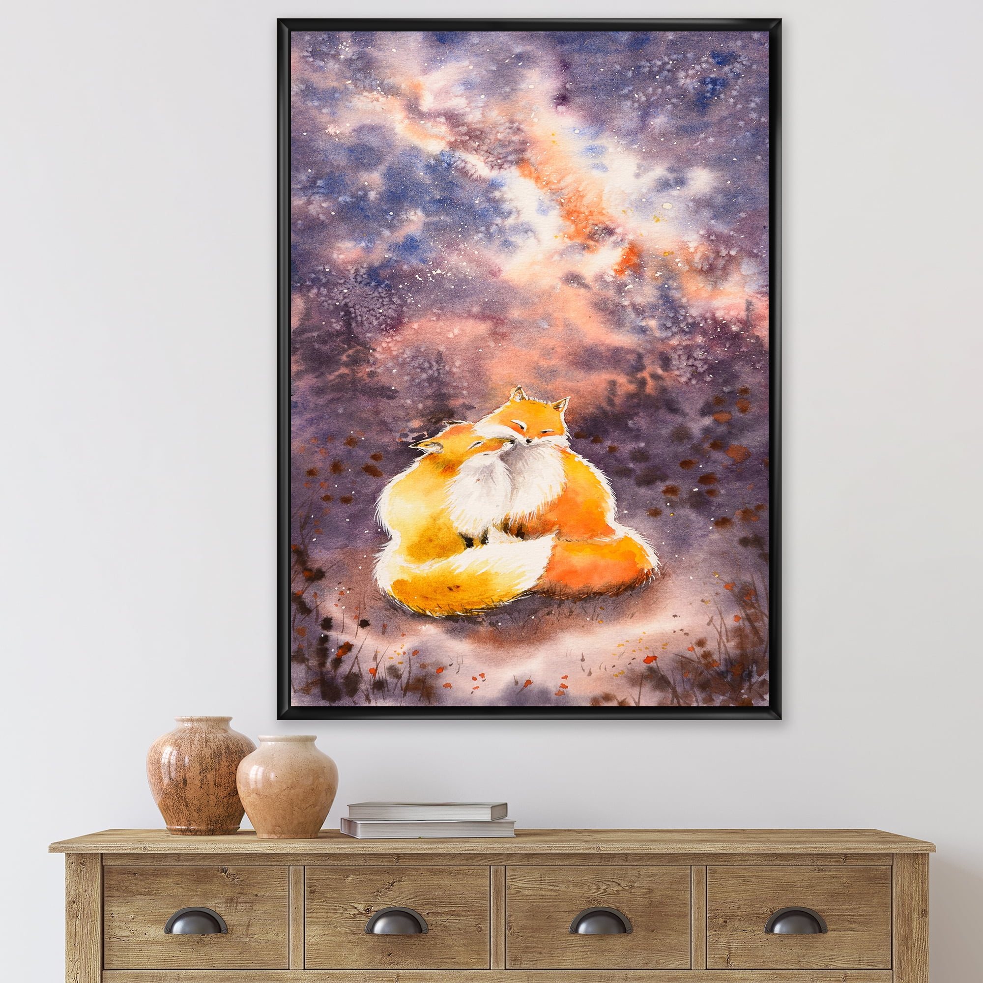 Designart 'Foxes Over A Night Sky Hugging ' Children's Art Framed Canvas Wall Art Print