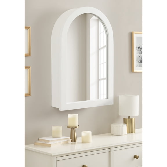 DesignOvation Arkland Modern Arched Bathroom Cabinet with Mirror, 20 x 6 x 30, White, Decorative Wooden Bathroom Mirror with Storage for Bath Medicine Cabinet or Over-the-Toilet Storage Option