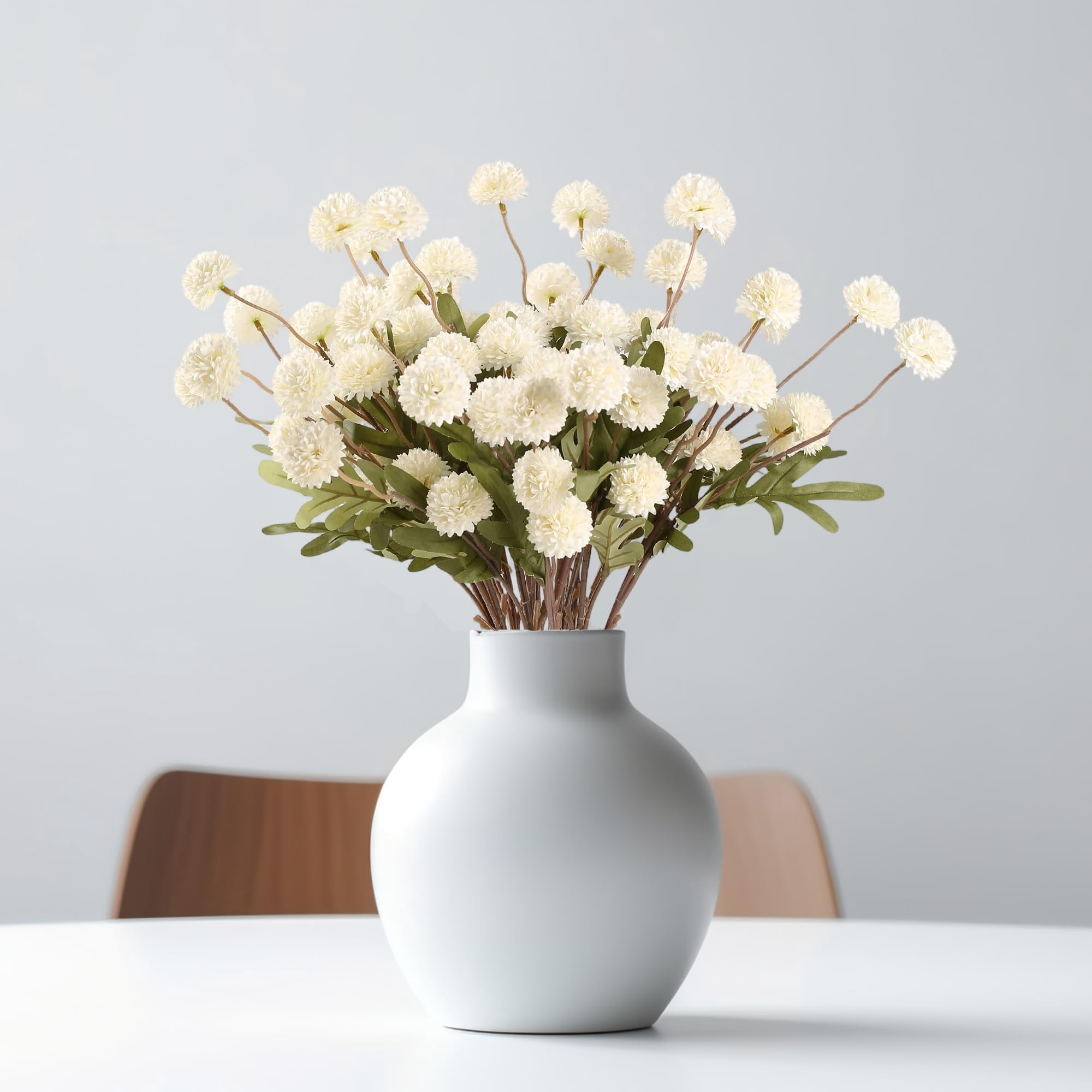 Beige Fake Flowers Long Stem 10PCS, Artificial Flowers Silk Mini Chrysanthemums for Vase, Fake Pompon Mums Vintage Dried Faux Decorative for Home Centerpieces Farmhouse