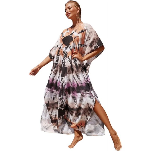 LinYooLi Robe de Plage pour Femmes, Longue Blouse Imprimée, Grande Taille, Robe de Bikini, Robe de Vacances