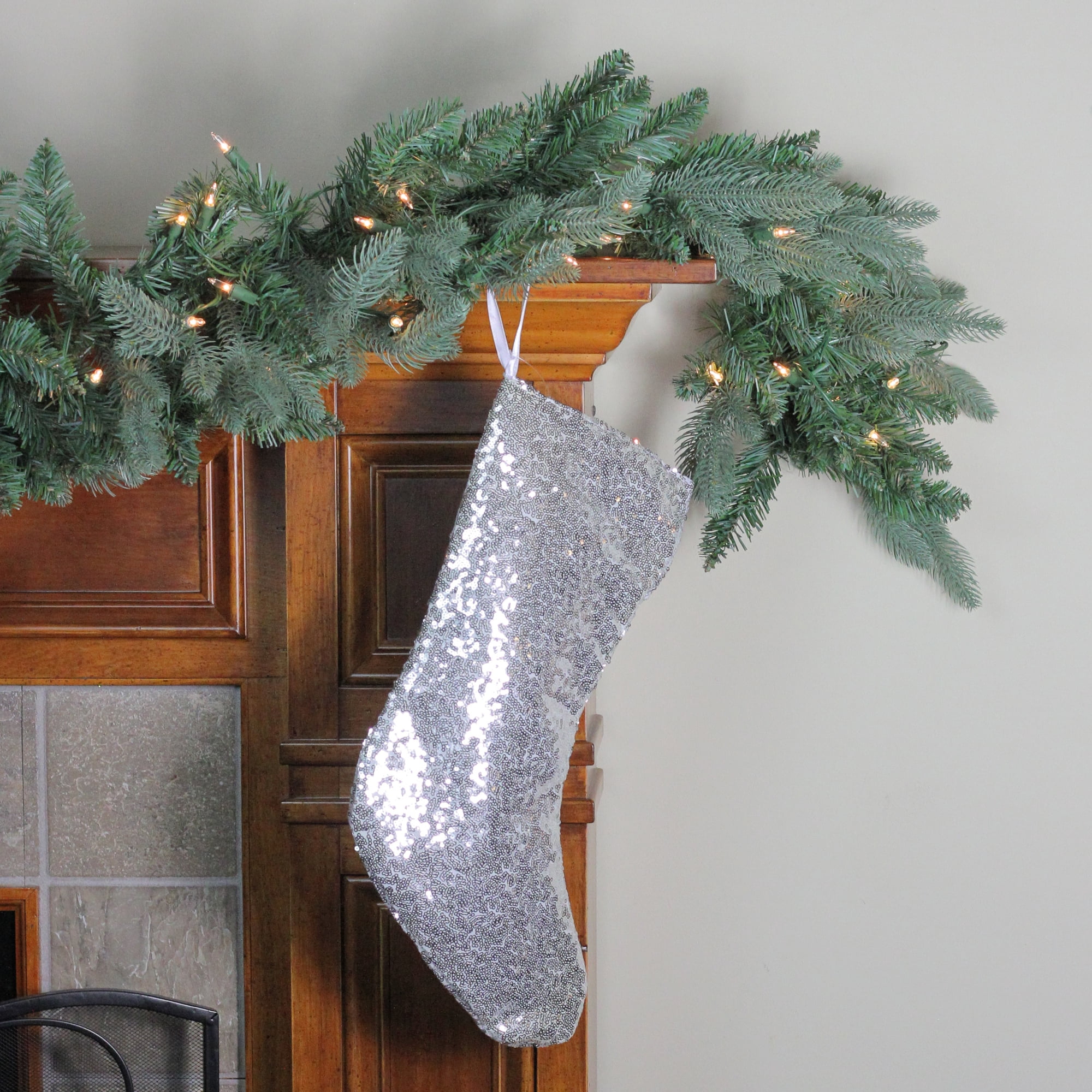 Northlight 17.5" White and Silver Sequins Hanging Christmas Stocking