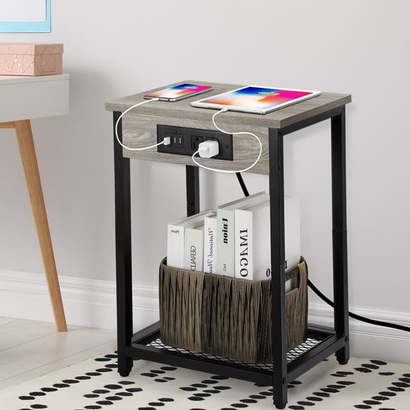 Nightstand with Charging Station, End Table with USB Ports and Power Outlets, Small Bedside Table for Bedroom Farmhouse