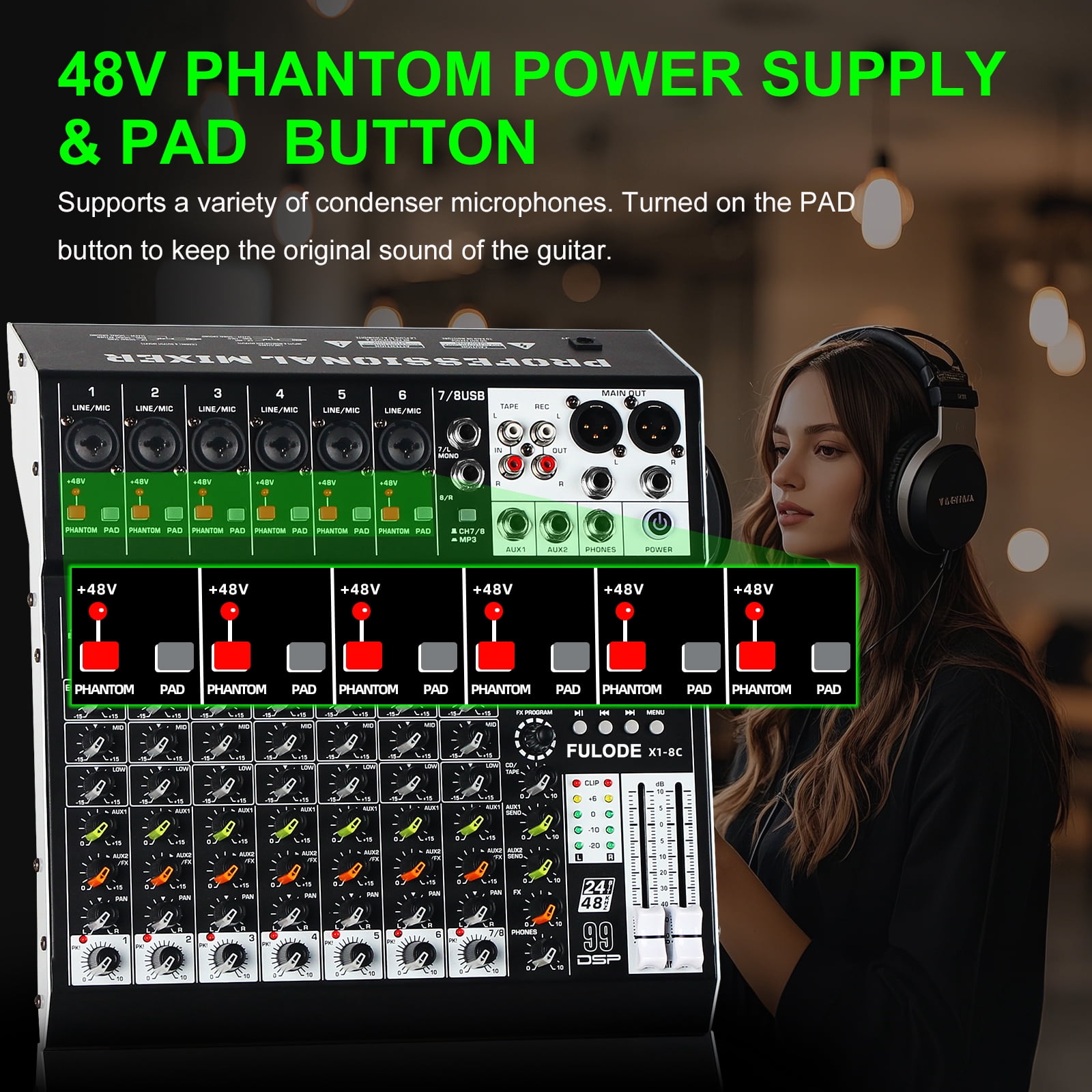 Audio Mixer 8 Channel Professional Sound Mixer Console with 99 DSP Effects, Mixing Board DJ Mixer w/USB, Bluetooth, 48V Power Supply, PAD Button for Recording Karaoke PA Drum Live Music