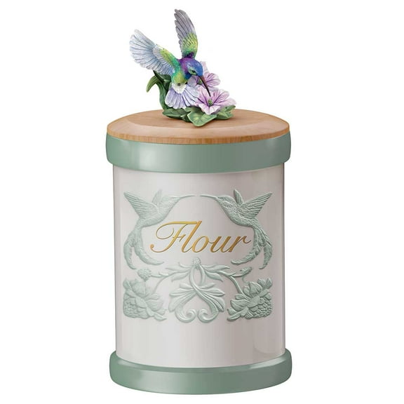 The Bradford Exchange "Kitchen Treasures" Hummingbird Art Canister Collection Issue #1: Pure Enchantment and 12 Golden-Scripted Self-Stick Labels Food-safe Stoneware Jars 11-inches