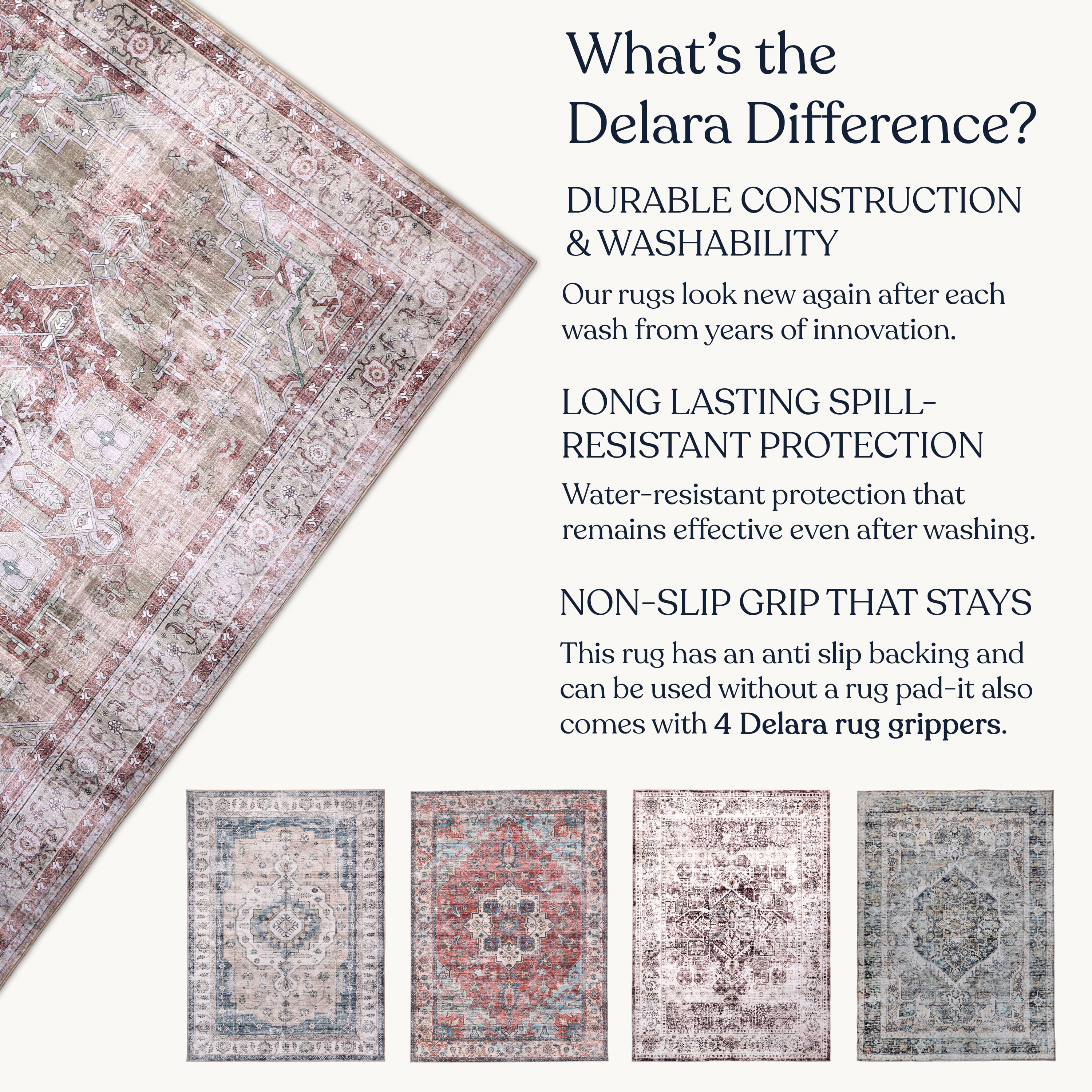 Delara 3'x5' Machine Washable Area Rug, Soft & Durable, Non-Slip, Stain Resistant, Desert Rose, for Bedroom, Living & Dining Room