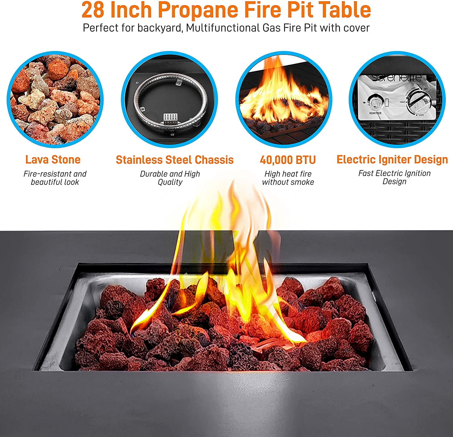Propane Gas Fire Pit Table - 28 inches 40,000 BTU Square Gas Firepits with Cover for Outside
