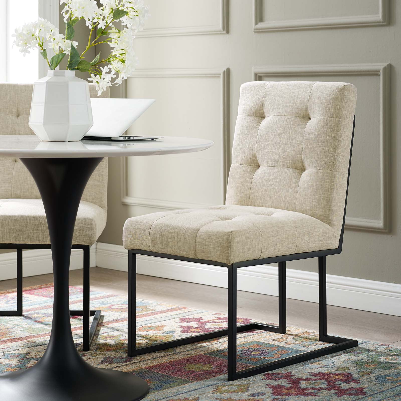Privy Black Stainless Steel Upholstered Fabric Dining Chair in Black