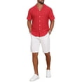 thumbnail image 2 of INSPIRE CHIC Men's Camp Collar Button Down Short Sleeve Hollow Texture Knit Shirts L Red, 2 of 6