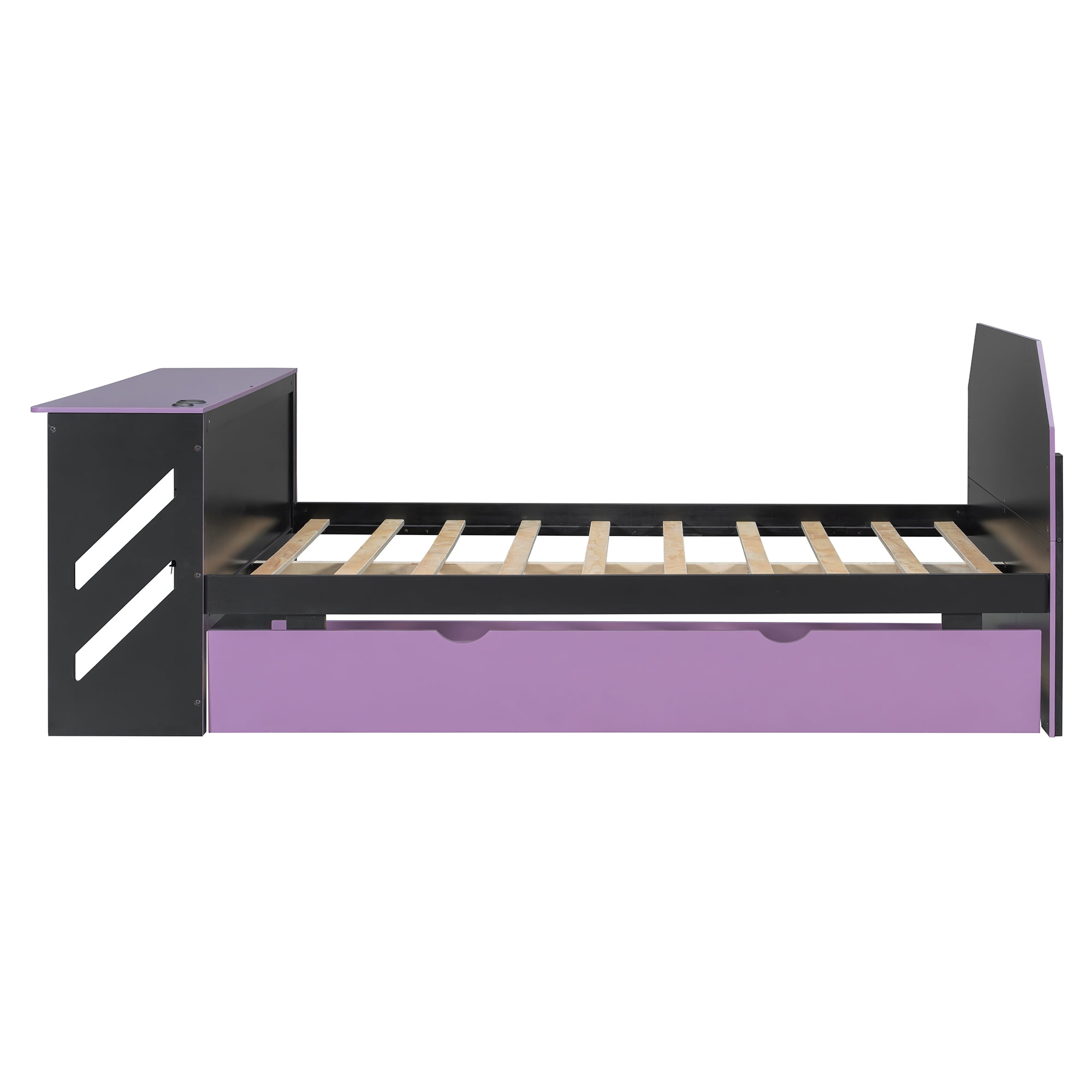 Mintazer Full Size Gaming Daybed with Pull-Out Twin Size Trundle & Desk, Platform Bed Frame with USB for Bedroom Dorm, Black & Purple