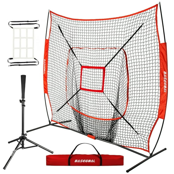 7'×7' Baseball Backstop Net Set, Baseball Softball Practice Net with Batting Tee, for Hitting Pitching Batting Catching with Bow Frame, Bonus Strike Zone,