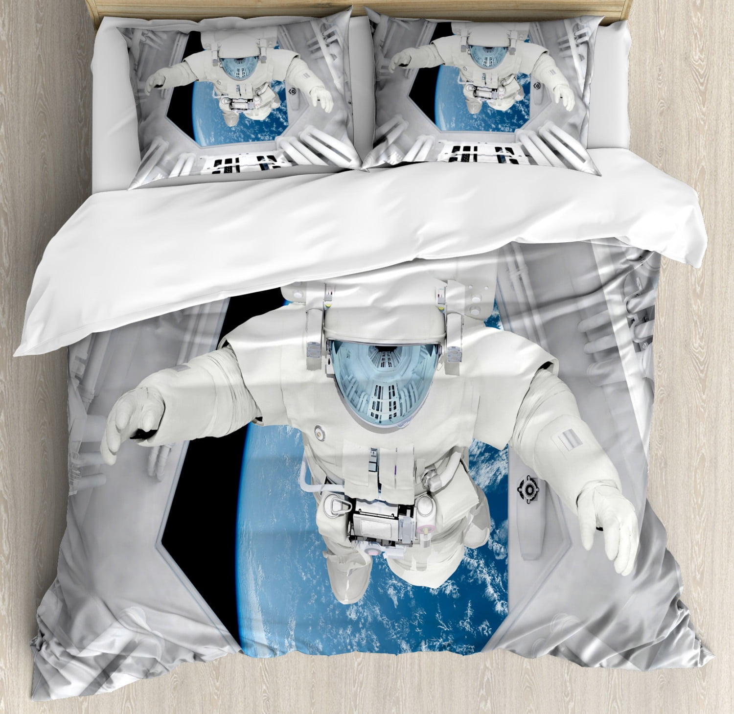 Outer Space Duvet Cover Set, Astronaut inside Spaceship Cosmic Journey