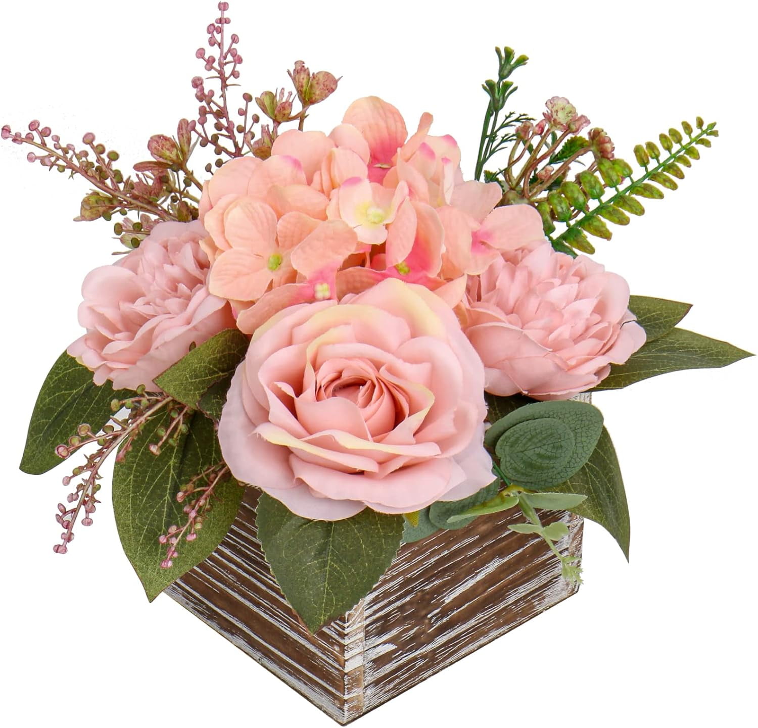 Flower Arrangement with Wooden Vase 14" Artificial Flowers in Pot - Fake Flowers Roses Peonies Hydrangeas in Wooden Vase Potted Flower Centerpieces for Table Decor Living Room - Dried Orange