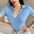 thumbnail image 2 of Women Knit Crop Shirts,Summer Short Sleeve Ribbed Collared T-Shirt Solid Fitted V-Neck Tops, 2 of 5