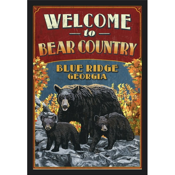 Blue Ridge, Georgia - Welcome to Bear Country - Vintage Sign - Lantern Press Artwork (24x36 Giclee Art Print, Gallery Framed, Black Wood)