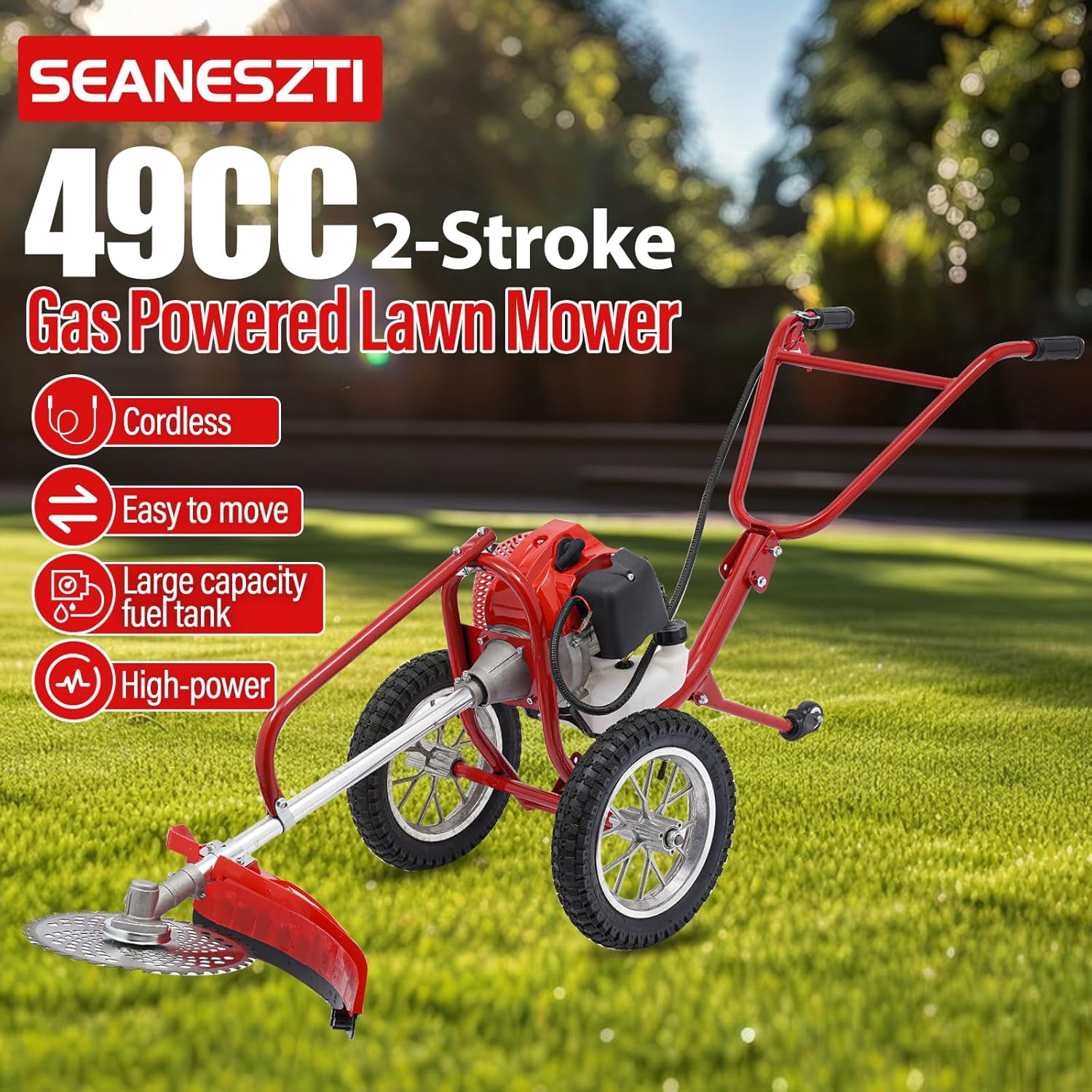 Miumaeov 49CC 2-Stroke Gas Powered Lawn Mower, Hand Push Lawn Mower Trimmer, Brush Mower Gasoline Brush Broom Sweeping Machine, Gas Brush Cutter String Trimmer for Yard