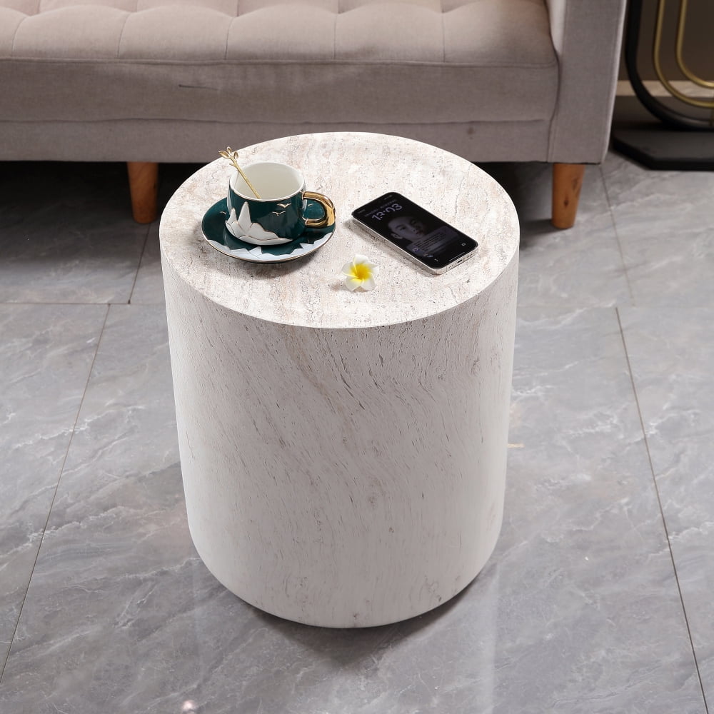 31.5" Round Drum Coffee Table, Light Travertine Finish Magnesium Oxide Table, Weather Resistant Indoor Outdoor Accent Table