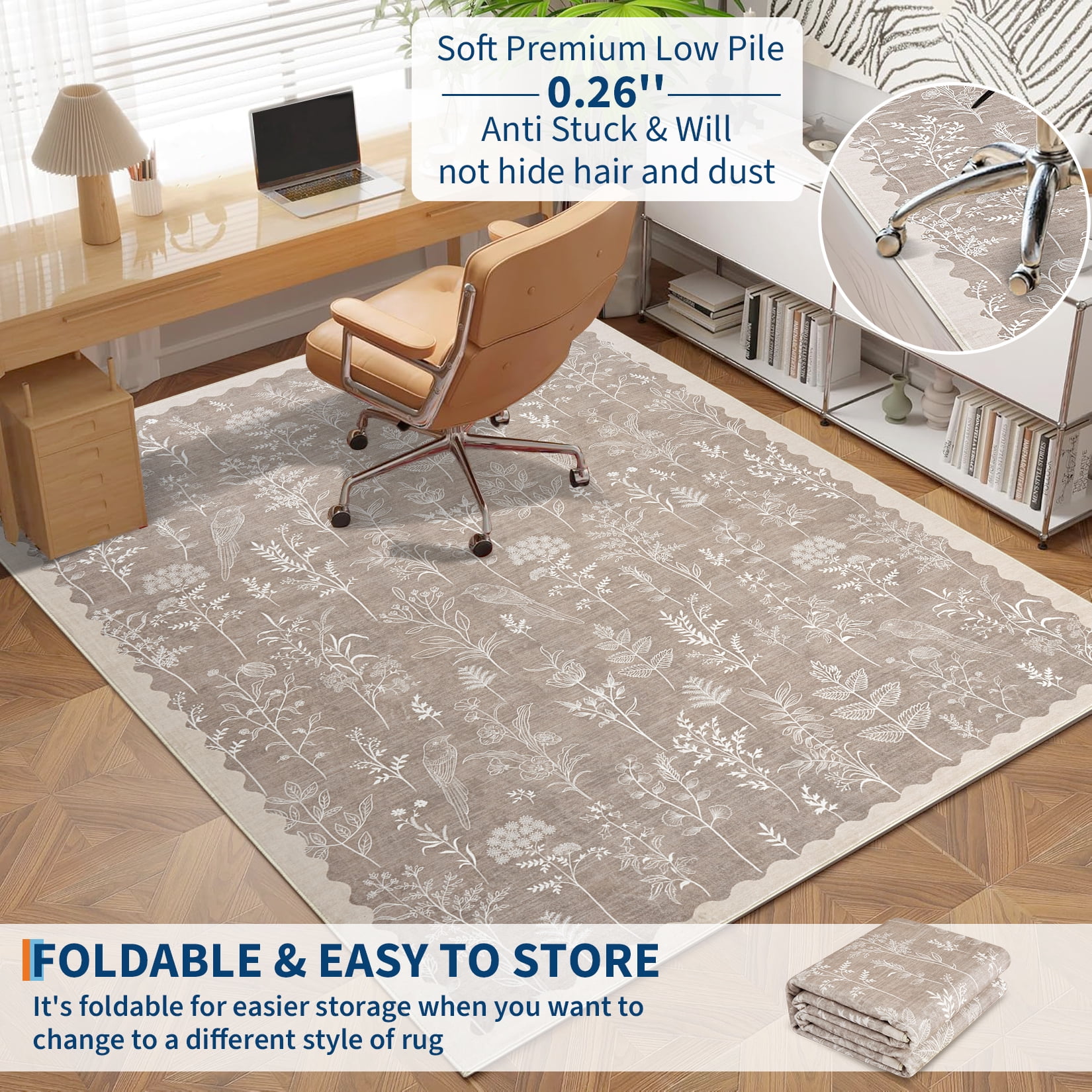 Hasoo 9' x 12' Large Area Rug for Dining Room Durable Washable Floral Indoor Scallop Border Carpet Stain Resistant Rugs for Bedroom, Camel