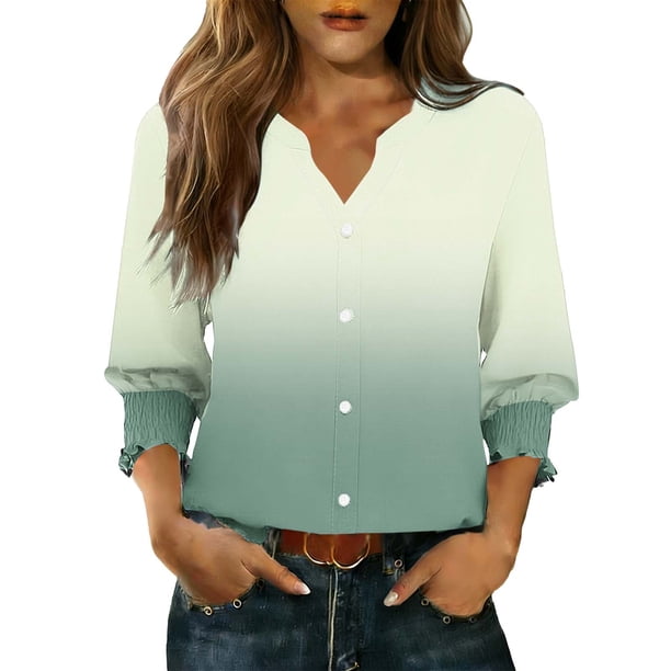 Camisas de Cuello de Tripulación de Manga Corta para las Mujeres, Cardigan con Cuello en V con Mangas 3/4