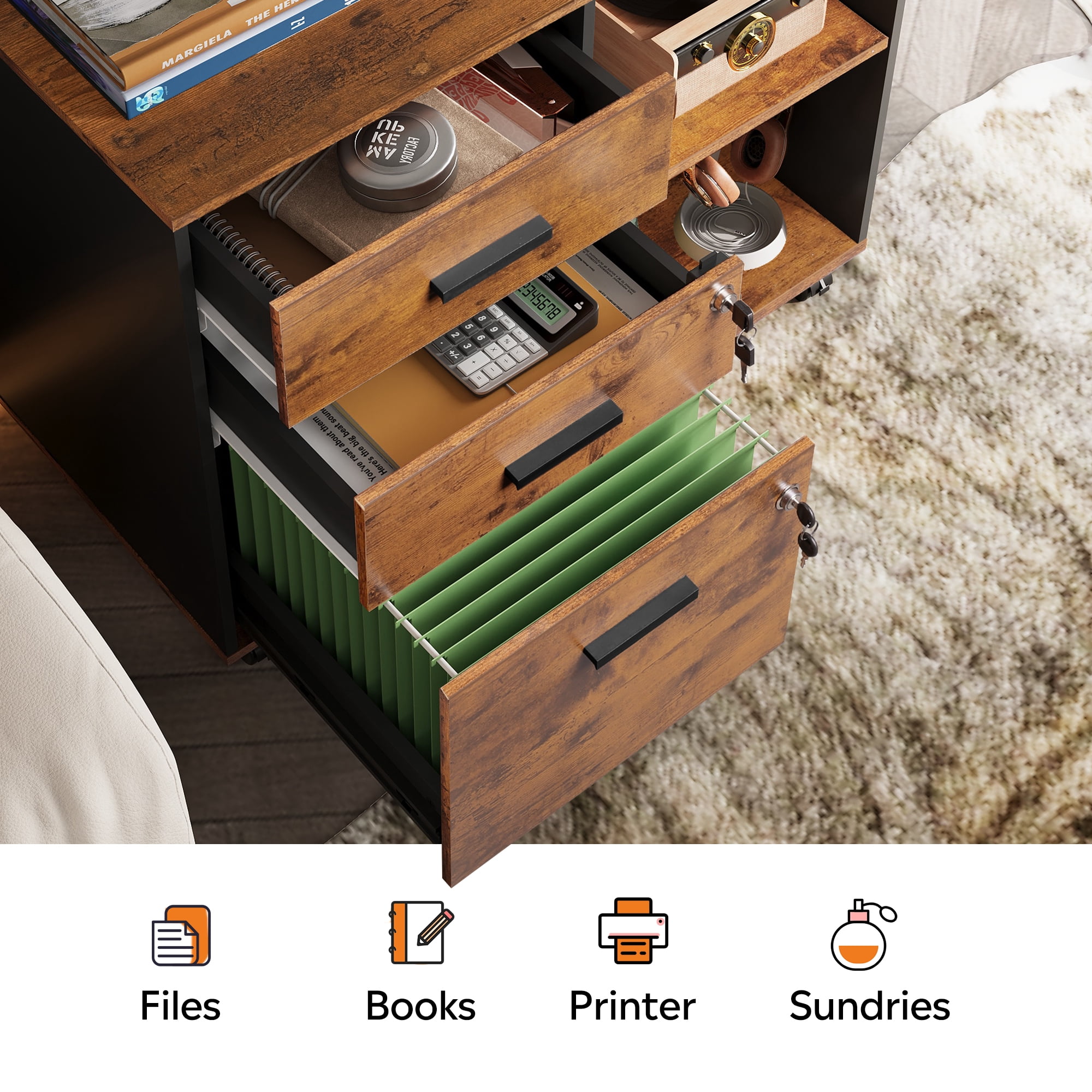 GALAXHERO 3-Drawer Locking Wood File Cabinet, Mobile Lateral Filing Cabinet, Printer Stand with Open Storage Shelves for Home Office, Rustic Brown